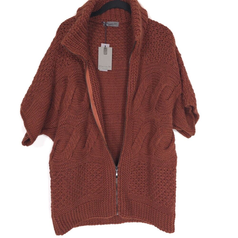 ELSAMANDA ANTHROPOLOGIE New Chunky Knit Zip Cardigan Sweater Brown OneSize Italy